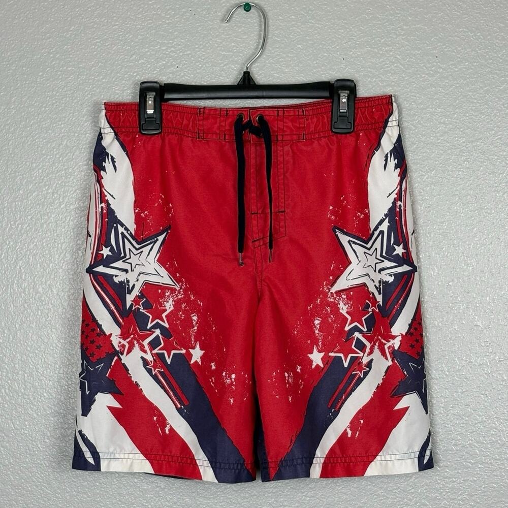 Cherokee Boy's Size M (8) Red White and Blue Star Print 2010s Lined Swim Trunks